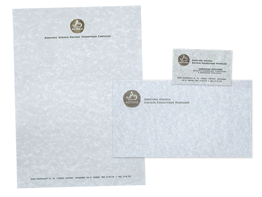 Corporate identity stationery (business card, letterhead, and envelope) for 'Astraia' Brokerage Firm.