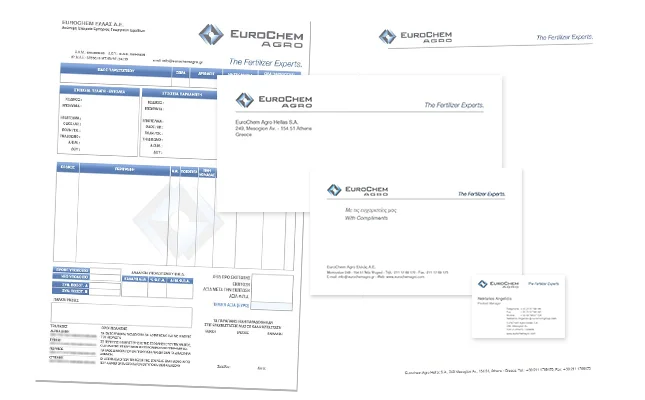 Full range of corporate stationery for 'Eurochem-Hellas' fertilizer trading company.