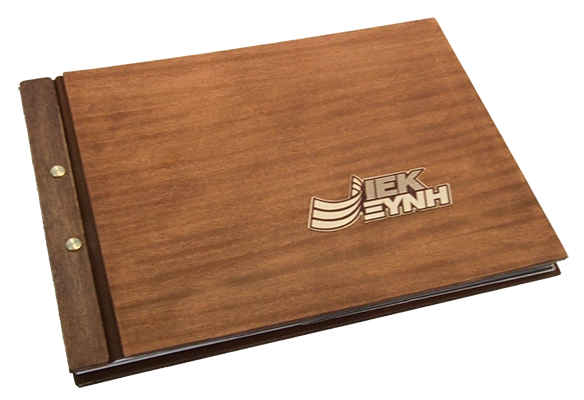 Wooden presentation folder cover with brass elements.