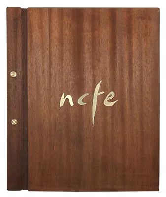 Presentation folder featuring a wooden cover and brass elements.